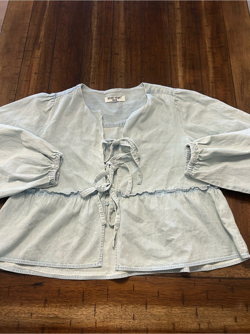 Velvet Heart Denim Cotton Hemp Tie Front Peplum Blouse